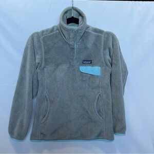 Patagonia Light Gray Fleece with Aqua Trim Pullover Snap-T outdoor hiking layer